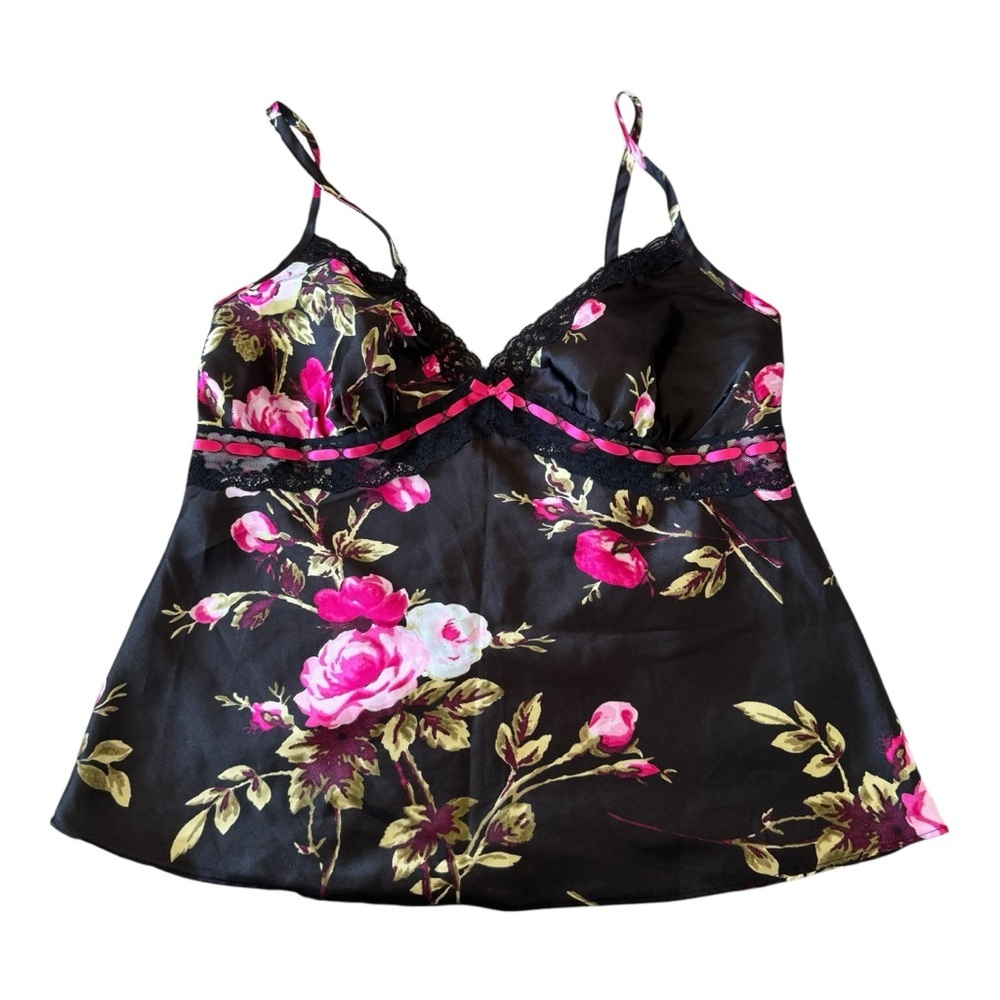 George Black Floral lace Pink bow satin tank top